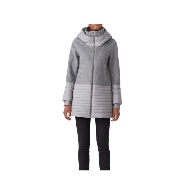 $495 Soia & Kyo Avery Gray Wool Mixed Media Hooded Coat Jacket Women Medium - Picture 1 of 5